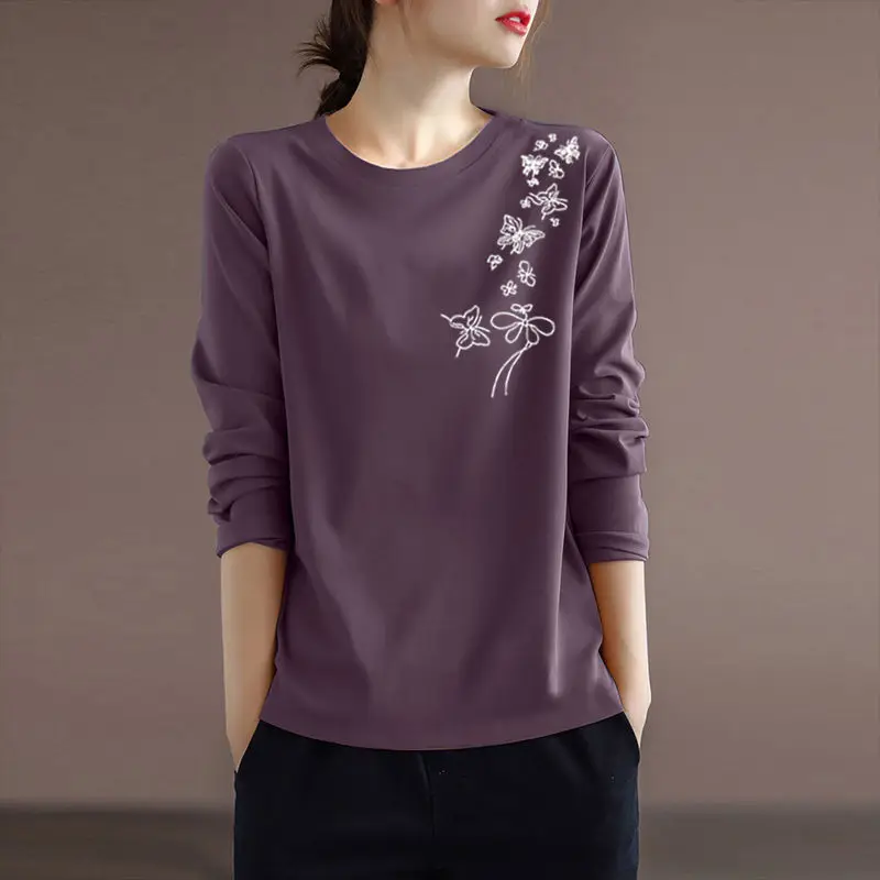 Spring and Autumn Women\'s Pullover Round Neck Plant&Flowers Printed Butterfly Contrast Long Sleeve T-shirt Underlay Elegant Tops