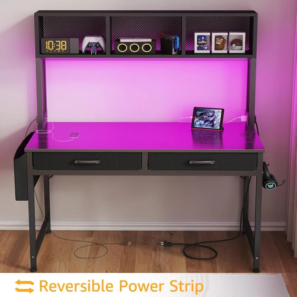 مكتب ألعاب أسود مع مساحة تخزين، وخزانة، وأرفف، وإضاءة LED، ومنافذ طاقة #5