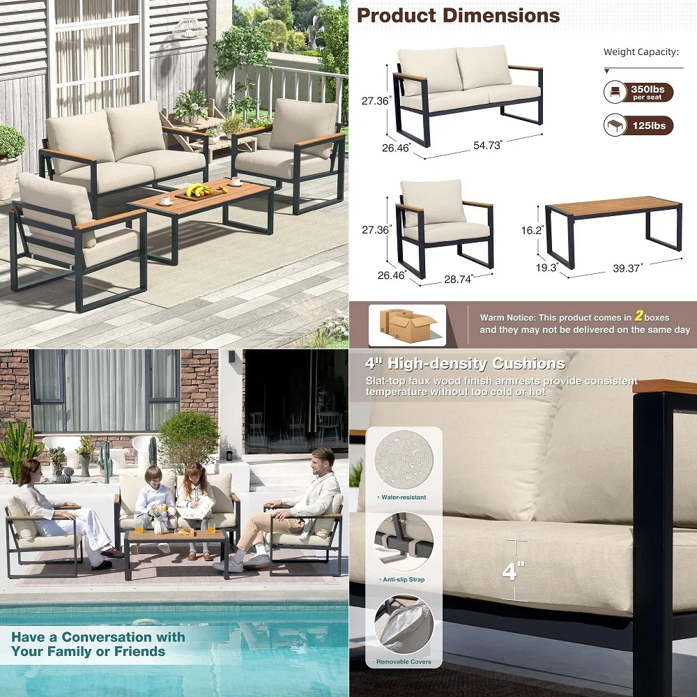 

Furniture Set, 4 Pieces Outdoor Patio Furniture with Coffee Table Set, Metal Patio Conversation Sets with Washable and HighResi