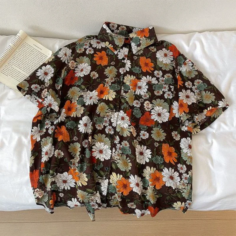 Print Shirts Women Clothing Baggy Vintage Aesthetics Summer Cozy Hawaiian Personal Harajuku Unisex Japanese Teens High Street