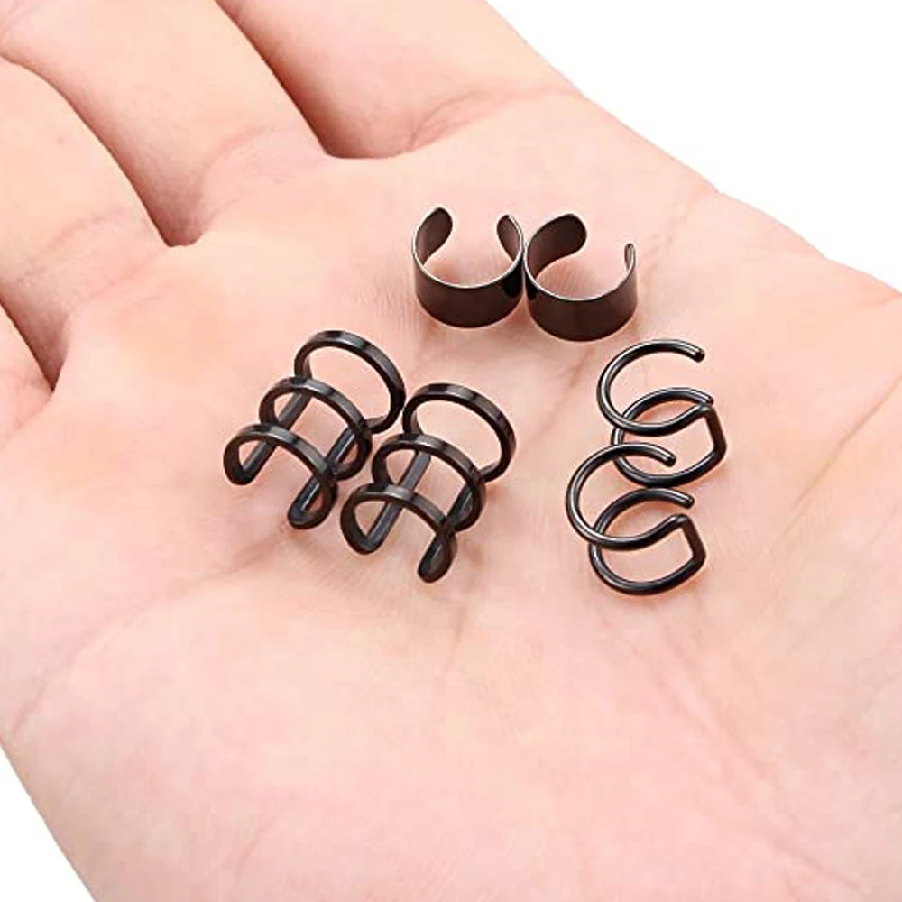 2pcs-6pcs Stainless Steel Ear Cuff Non Piercing Fake Black Clip-on Cartilage Earring Set Women Girls Men