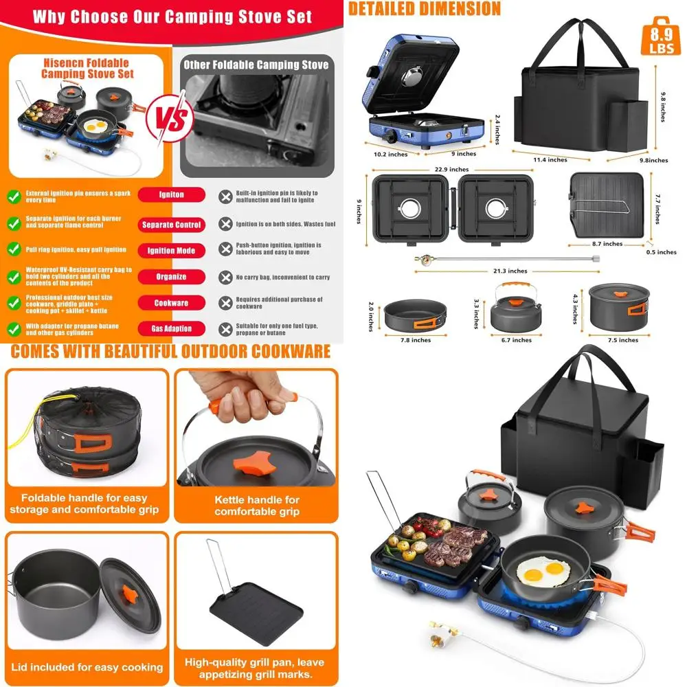 

Dual-Burner Propane Camping Stove with Cooking Set, 20,000 BTU/h, Portable Ignition, Blue