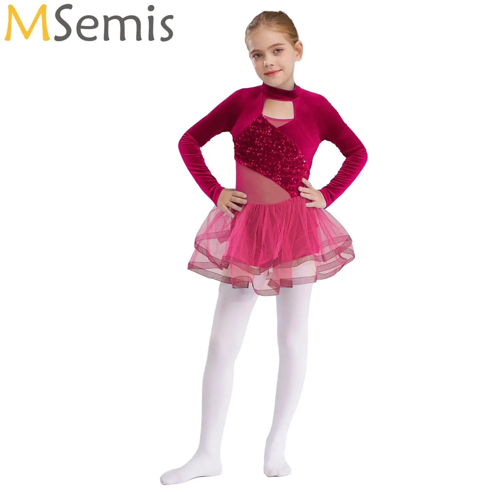 Vestito da tutu per danza classica scintillante per bambina, manica lunga, ritaglio, velluto, competizione di pattinaggio di figura, costume da ballerina