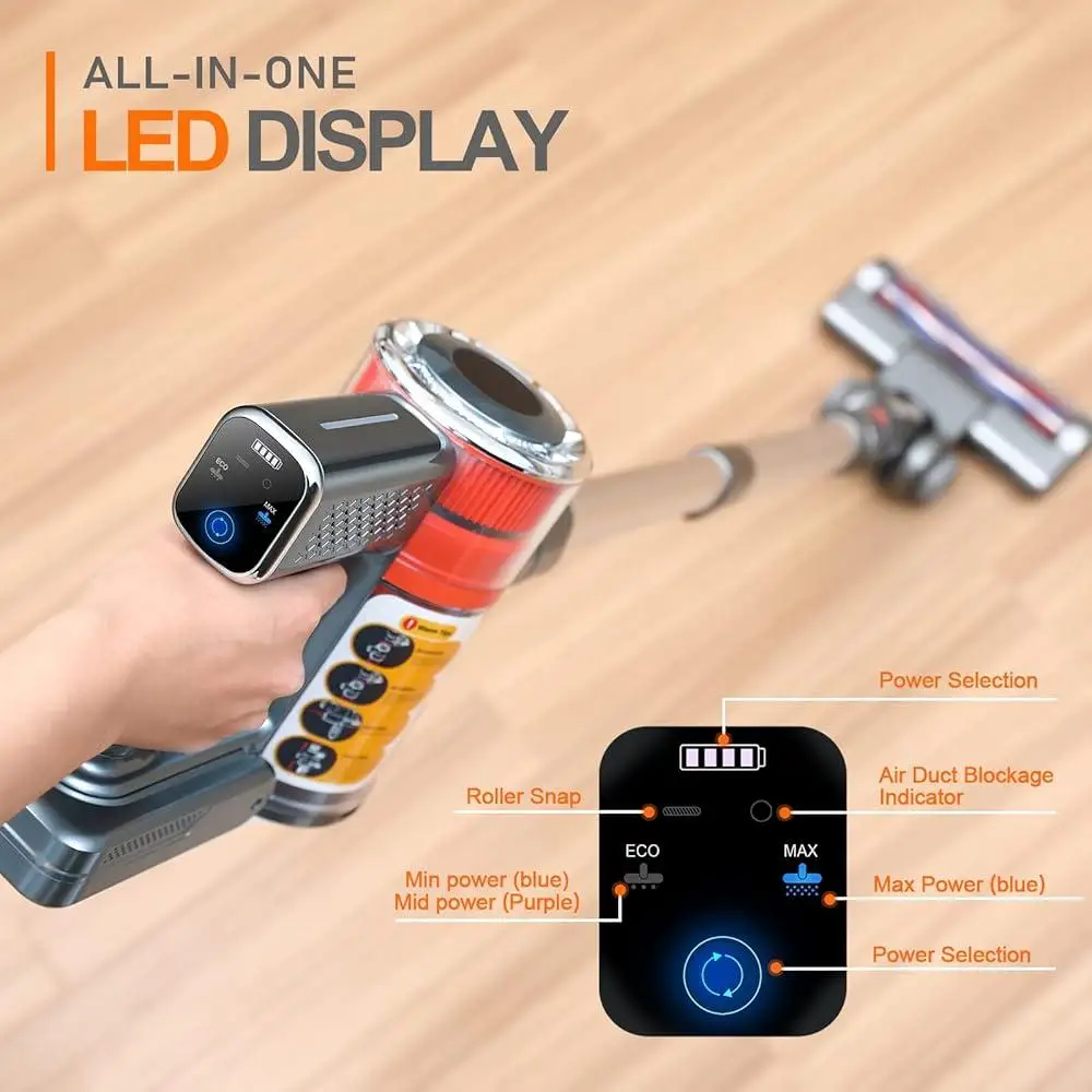 Aspiradora inalámbrica 400W 33KPa Potente succión 55min Tiempo de ejecución Pantalla táctil Batería desmontable Filtro HEPA Ligero 8