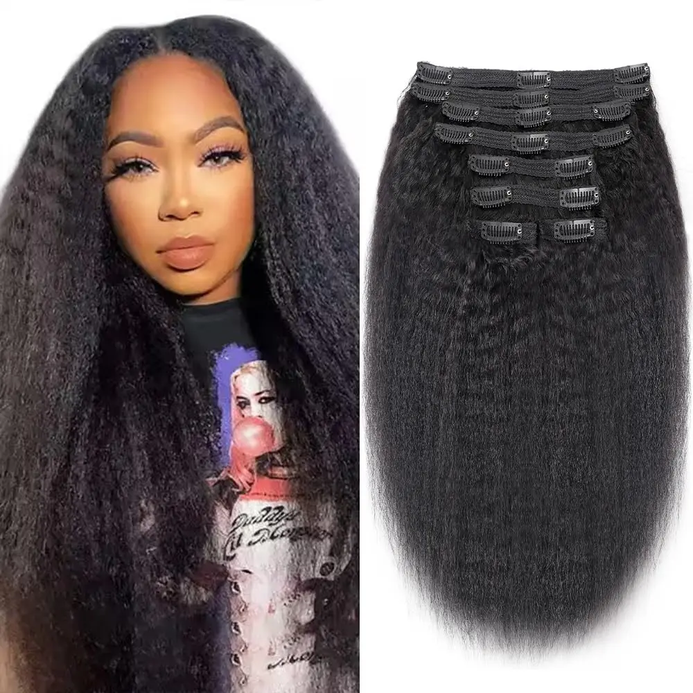 Kinky Rechte Clip In Hair Extensions 120G 8 stks/set Natuurlijk Zwart Haar Braziliaanse Echte Menselijk Haarstukje Voor Vrouwen 12 tot 26 Inch