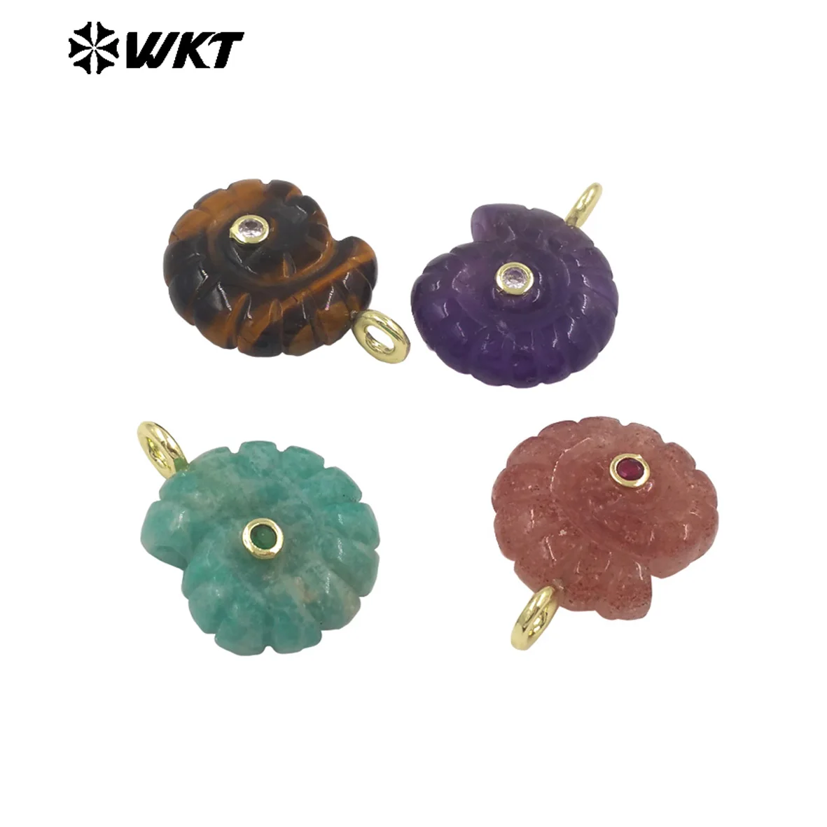 WT-P2051 Good Quality Cute Design Zircon Gold Plated Natural Gemstones Carved Trumpet Pendants As Friend Gift DIY Jewelry
