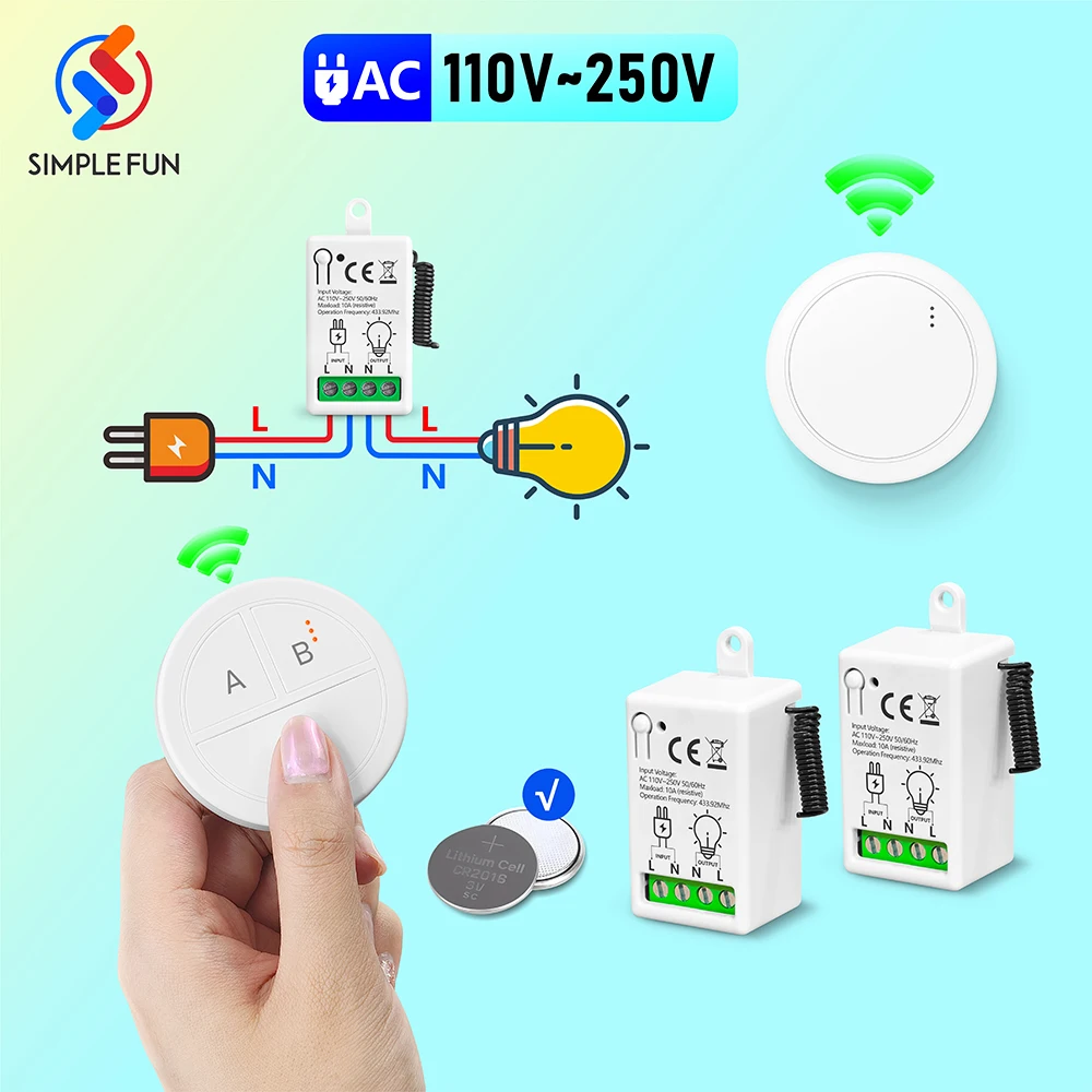 433MHz Wireless Smart Light Switch 220V 110V 10A Mini Relay Module NEW Round Push Button Remote Control Switch for Lamp LED Fan