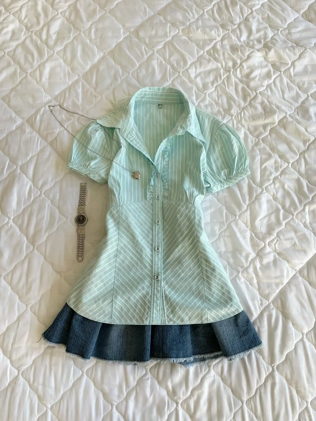 Striped Short Sleeve Blouse Mint Tone Puff Sleeve Lapel Neck Ruffle Detail Button Closure Peplum Waist Casual Daily Summer Shirt
