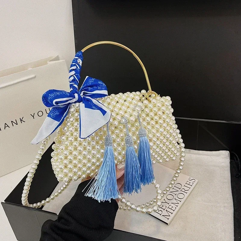 Pearl Beaded Evening Bag Wedding Purse Clutch Bag For Women Tassel Handmade Square Crossbody Bag With Short Handle Handbags