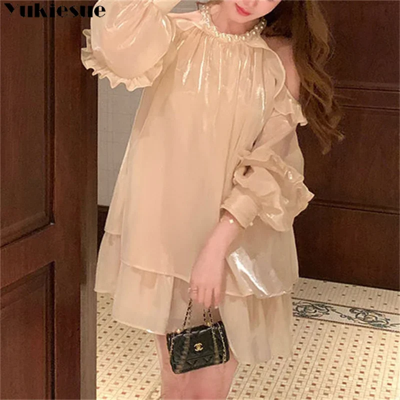 Women Chiffon Dresses 2023 Summer New French Style  Solid Fashion Sexy Off-the-shoulder Long Puff Sleeve Ruffles Simple Dress