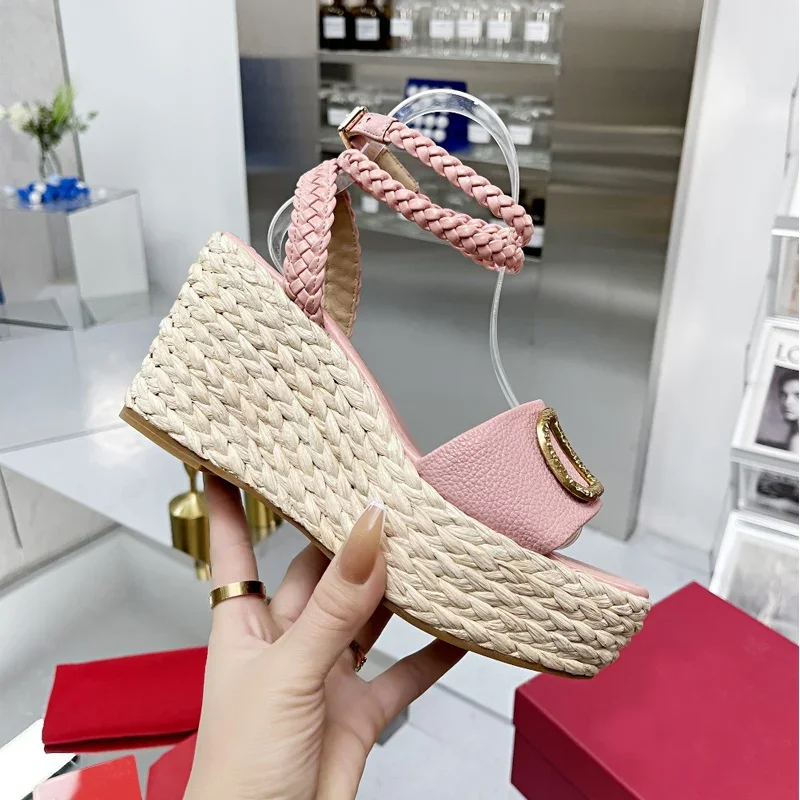 

Platform Wedge Sandals Women's 2024 Fashion Straw Sole Fisherman's Shoes Leather Braided Ankle Buckle Design Heels