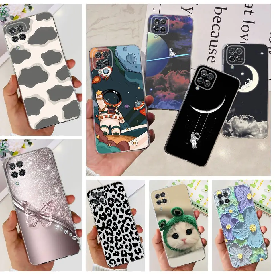 

For Samsung A12 Case Space Austronaut Cow Pattern Coque Funda For Samsung Galaxy A12 F12 M12 A 12 Clear Soft TPU Etui Housing