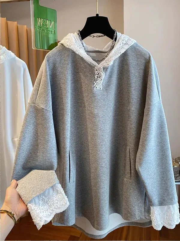 

SuperAen Hooded Long-sleeved Hoody Women's 2025 Spring and Autumn New Niche Lace Splicing Top Hoodies
