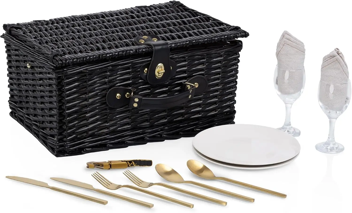 Wooden Wicker Picnic Basket for 2, Classic Romantic English-Style Basket with Deluxe Service for Two, Fully Lined Interior, Leatherette Lid-Locking Buckle and Carry Handle, Black Willow