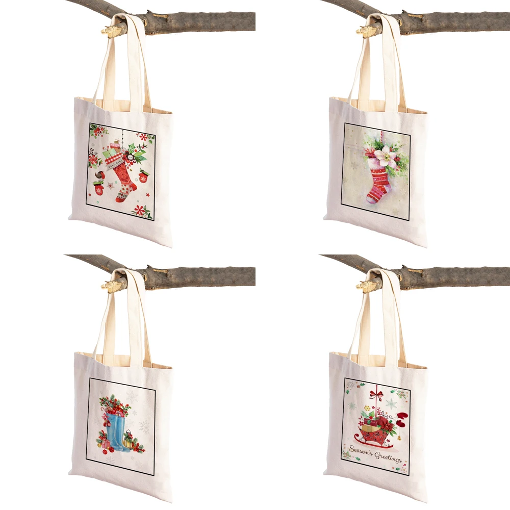 Lady Xmas Handbag Merry Christmas Casual Women Shopping Bags Cartoon Santa Claus Snowman Shopper Bag Supermarket Shoulder Tote