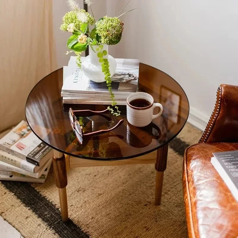 & Luxury Solid Wood Coffee Tables for Living Room Furniture Designer Sofa Side Table Creative Tempered Glass Round Coffee Table