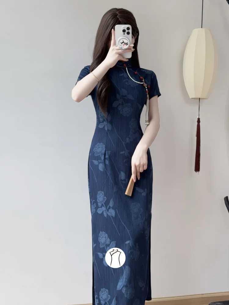 

Blue Dr Young Revised Chinese Sle Long Skirt for Girls Retro Floral Pattern Breathable ort Sve Summer Dr