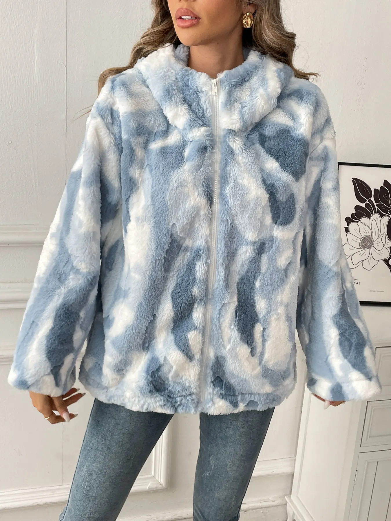 

Women Jacket Coat Fashion New Tie Dye Hooded Autumn Zipper Outerwear Warm Plush Jackets Harajuku Casual Loose Female Thick Coat