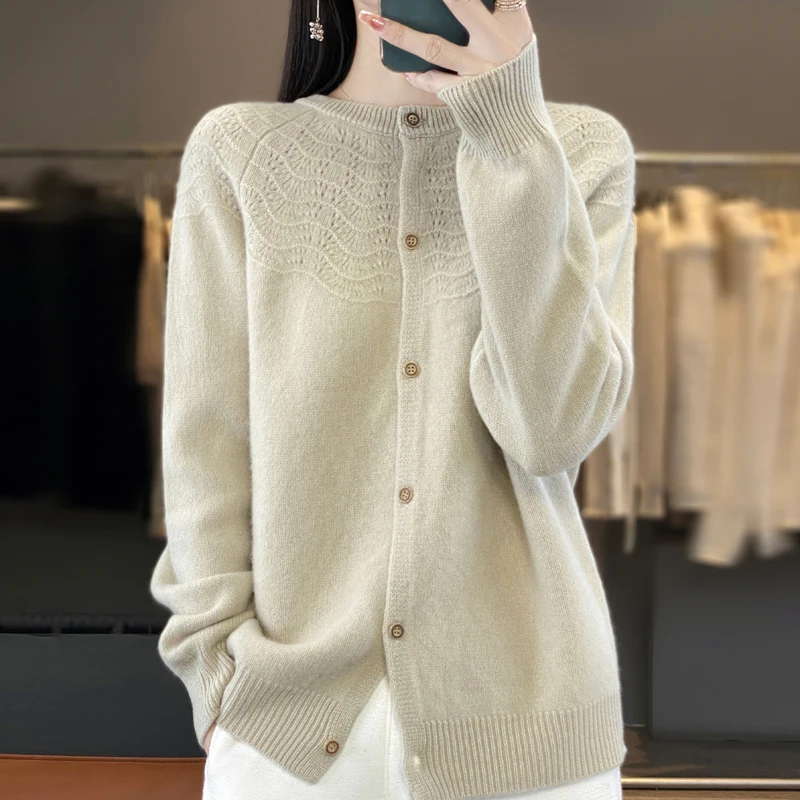 

Autumn and Winter New 100% Pure Wool Cardigan Women's Round Neck Loose Jacquard Coat Fashion Warm Hollow Jacket Thick Base Shirt