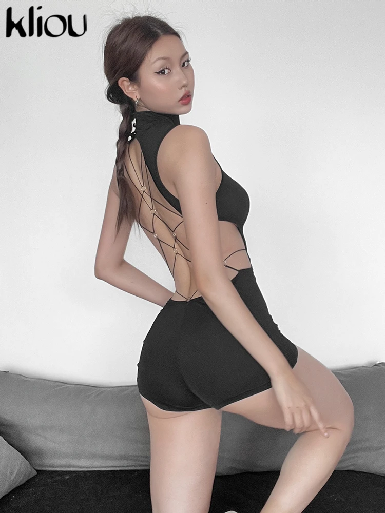 Kliou Women Solid Color Joker Backless Waist Sexy Jumpsuit Round Neck Ring Decoration Hollow Slim Hip Body-shaping Jumpsuit