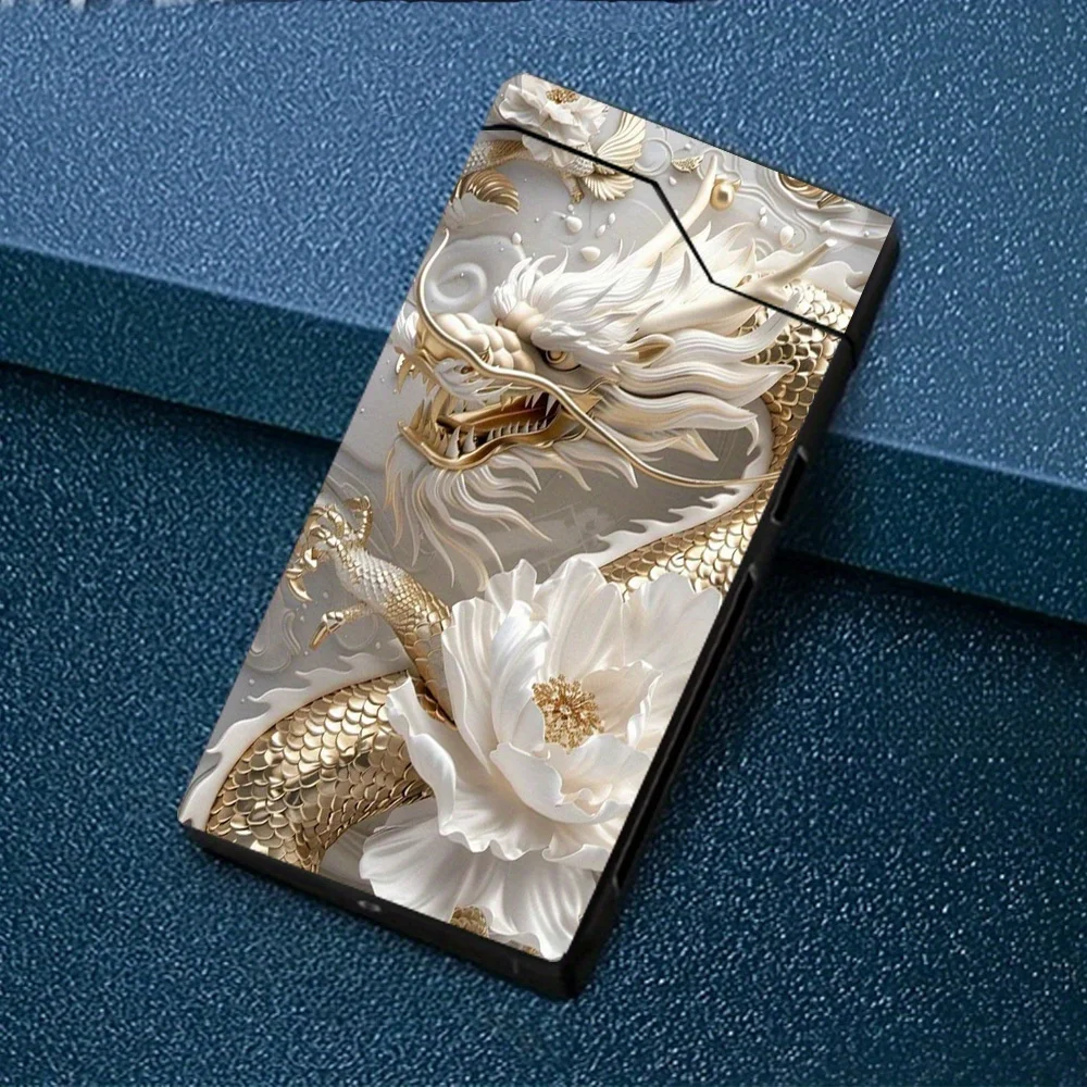 A Windproof Electric Arc Lighter Featuring a Design of a Golden Dragon And a White Peony. This Windproof Lighter Includes Type-C Charging, a Metal Casing, Battery Level Display, Dual Arcs, Gift Box Packaging, a Power Cut-Off Feature