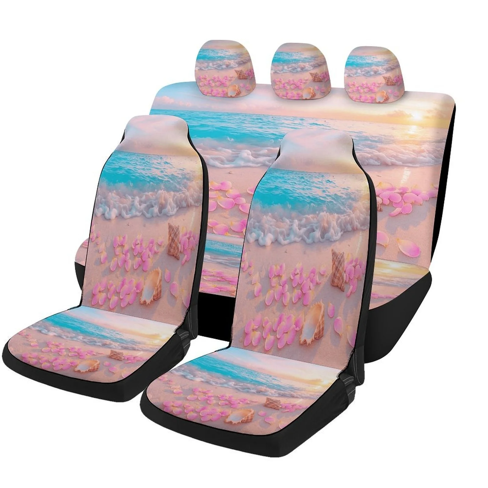 Set Of Car Seat Covers Featuring Beach Sunset And Shells, Suitable For Most Vehicles. Stylish And Unique Decorative Covers For F