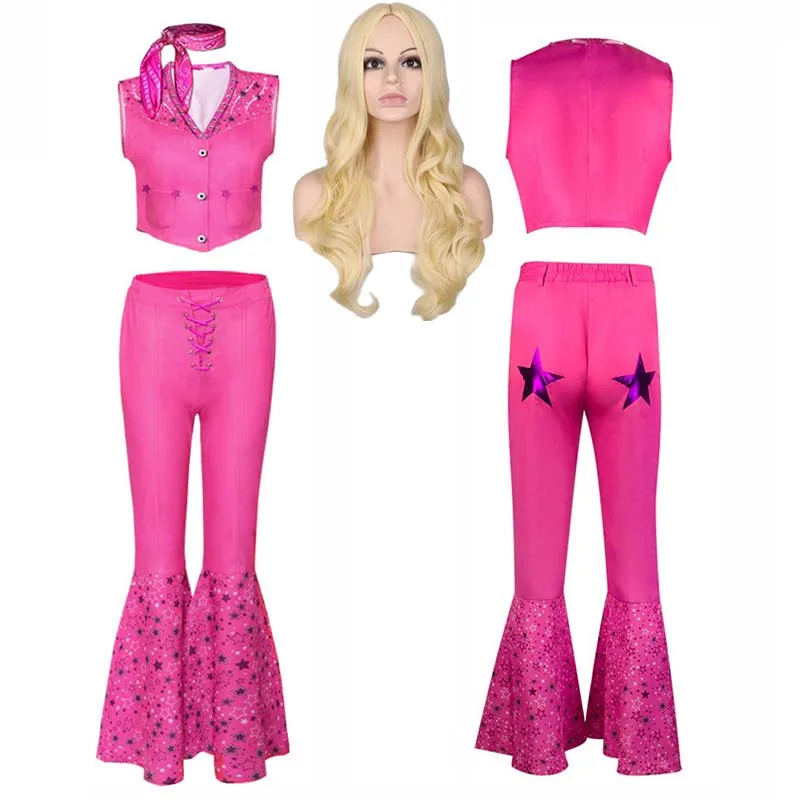 

2023 Movie Barbi Costume for Women Girls Fashion Cosplay Clothes Barbi Pink Top Pants Scarf Halloween Carnival Party Costumes
