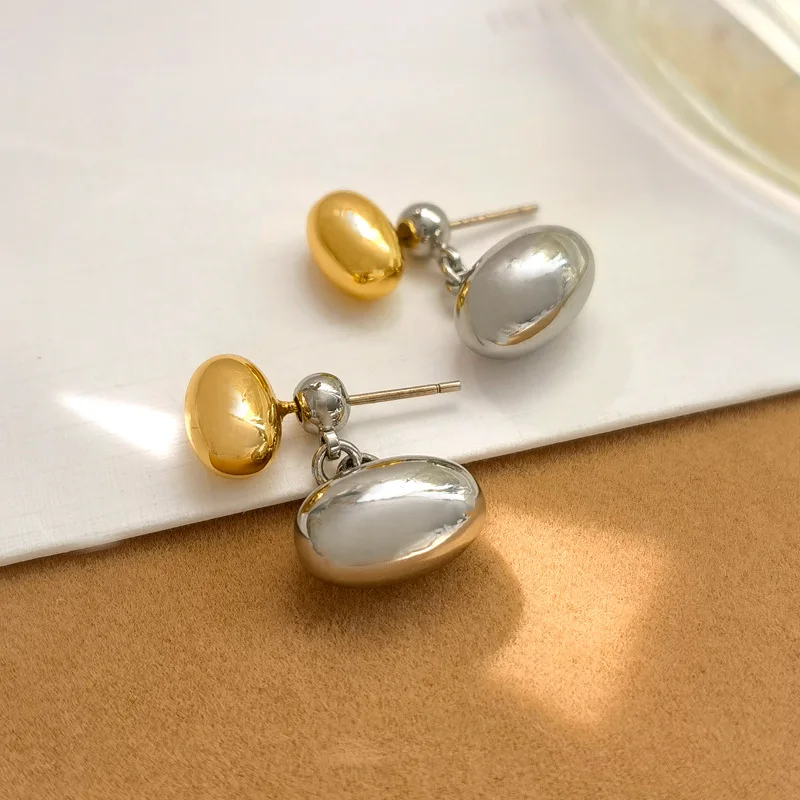 Removable Metal Round Bean Ball Pendant Earrings for Women Gold Silver Bicolor Drop Piercing Stud Earring Minimalist Jewelry