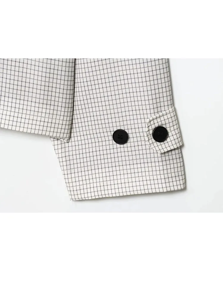 HH Weibliche Herbst Mode Weiß Plaid Revers einreiher Lange Ärmel Jacke Frauen Vintage Pendler Kausalen Kurze Mäntel