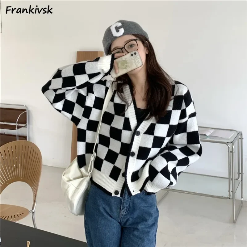 Plaid Cardigan Women Loose Korean Style Trendy Classic Streetwear Ins Schoolgirls Minimalist Lounge Daily Youthful Advanced Chic