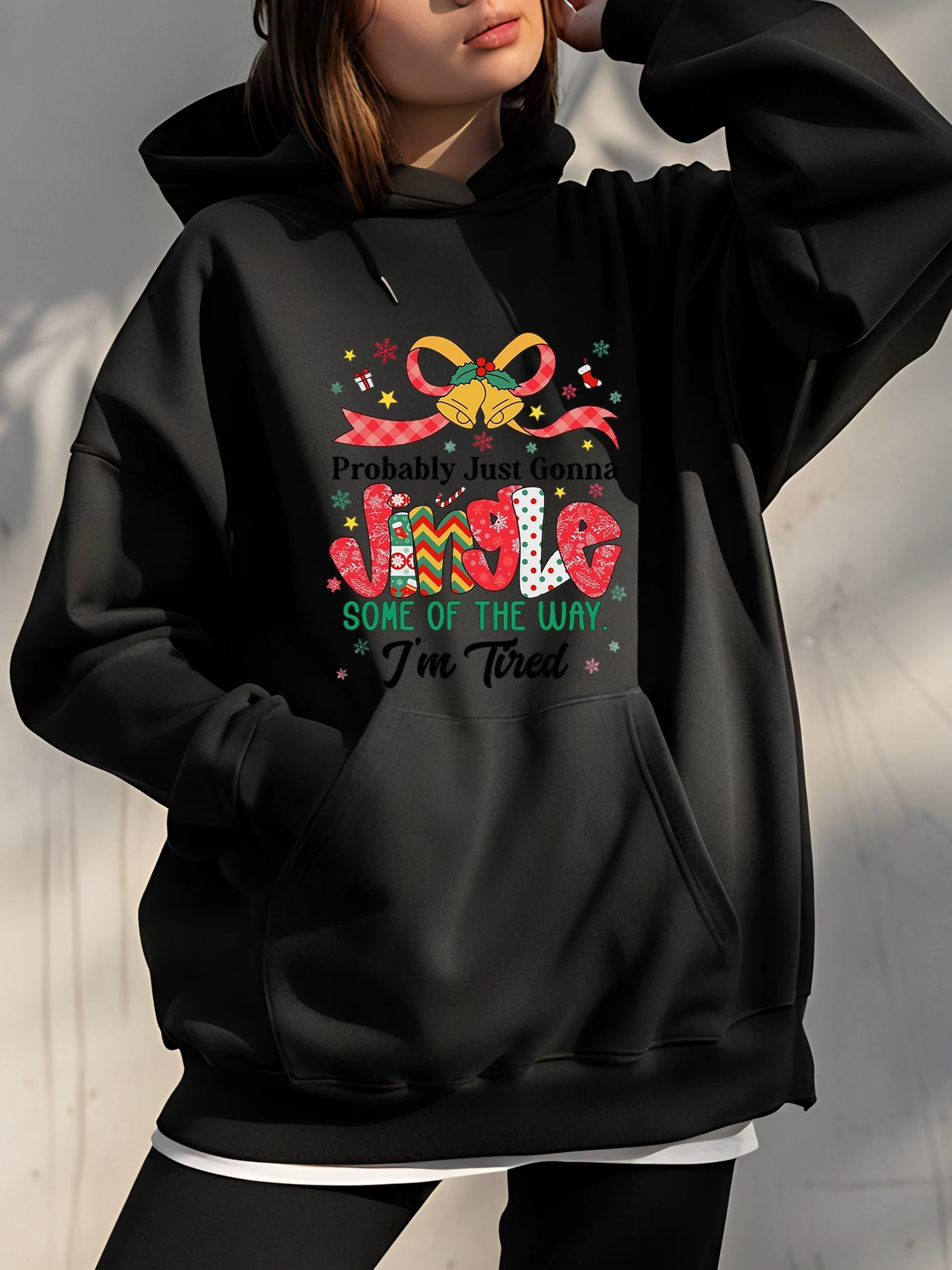 

Рождественская толстовка с дизайном Jingle для женщин, повседневная одежда, праздничный наряд, толстовка с праздничным принтом