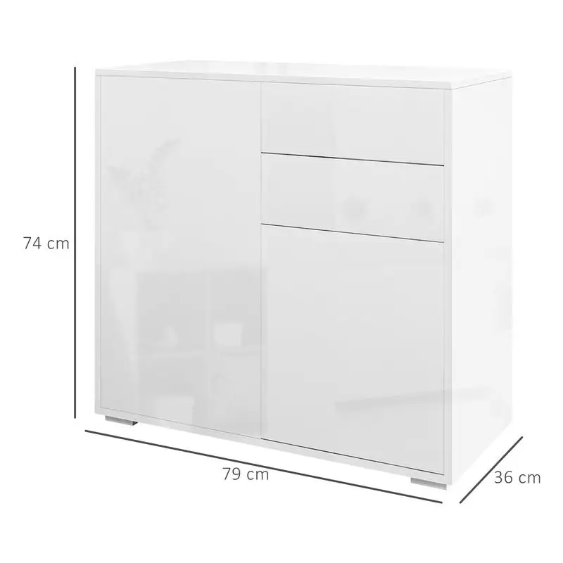 Buffet Commode Meuble de Rangement 2 tiroirs 2 portes avec étagère 79 x 36 x 74 cm Blanc brillant