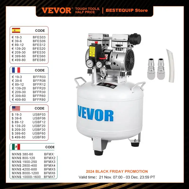 VEVOR Compresseur d'Air Sans Huile Silencieux 30L 40L Ultra Silencieux 850W Outil pour Réparation