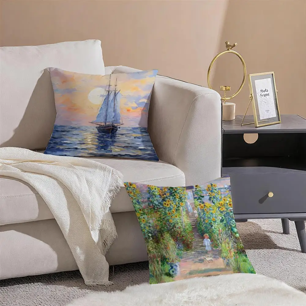 Oscar-Claude Monet Cushion Cover Linen Pillowcase Cover Soft Decor for Sofa Home Room