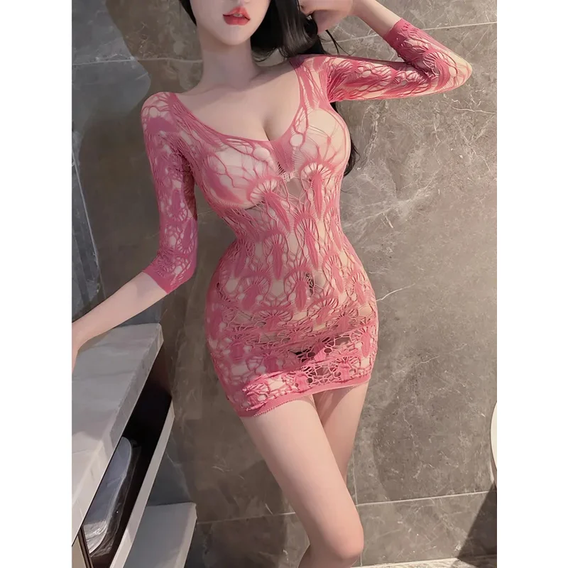 セクシーな女性ショートミニドレスメッシュレース薄手の中空アウト袖オープンクロッチジャカード純粋な欲望パジャマドレスエレガント