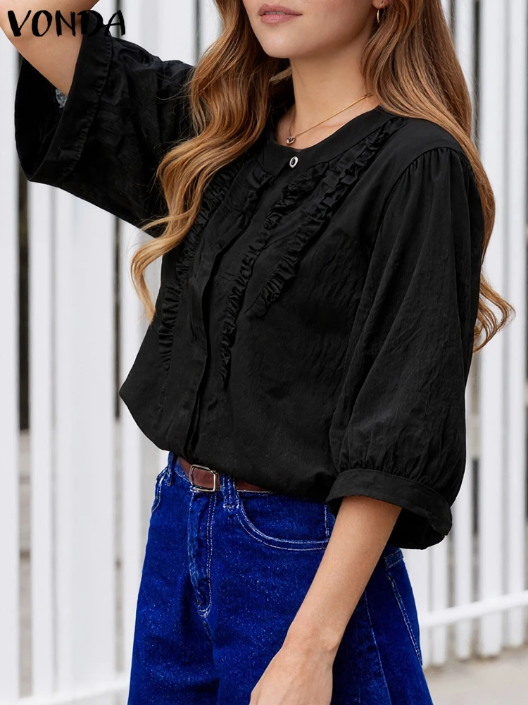 

VONDA Elegant Tunic Blouse Women O Neck Short Sleeve Tops 2025 Fashion Casual Loose Ruffled Tops Solid Color Pullovers Oversize