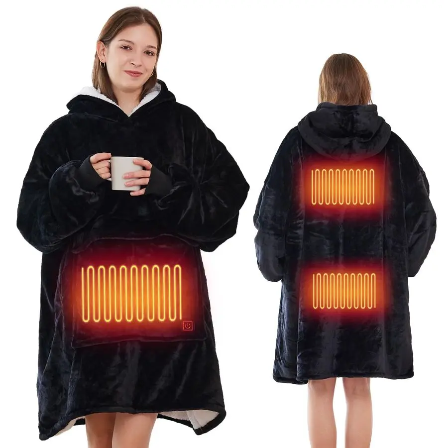 

Носимое одеяло с подогревом, толстовка с капюшоном большого размера с USB-подогревом для взрослых, 3 режима нагрева, защита от перегрева, уютное, теплое, с подогревом