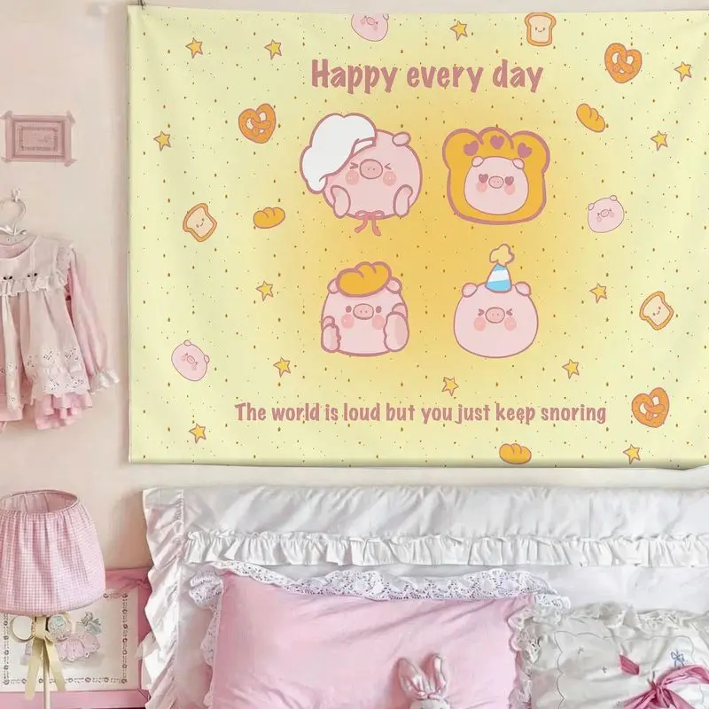 VIKAMA Happy Pig Bread Tapestry, Kawaii Pink Animal Wall Hanging for Bedroom Dorm Nursery Pastel Decor