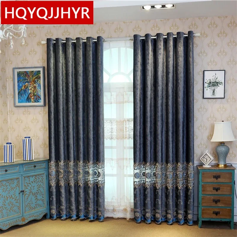 European And American Luxury Dark Blue Embroidered Velvet Living Room Curtains With High-Quality Voile Curtain For Bedroom Hotel