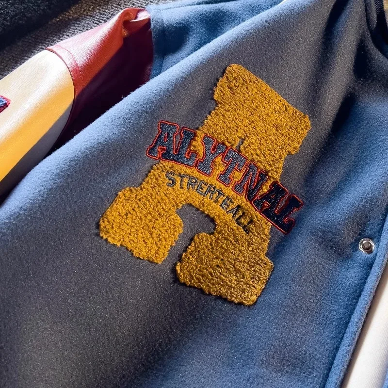 Spring Autumn Jacket Color Block American Embroidery Leather Sleeve Coat Men Trendy Baseball Clothes Casual Student Crop Top