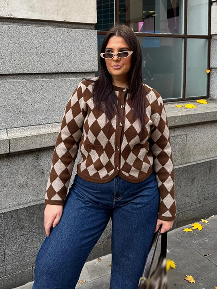 

HH Women Fashion Casual Versatile Rhombus Jacquard Knitted Coat Female Crew Neck Single-Breasted Cardigan Long-Sleeved Top Mujer