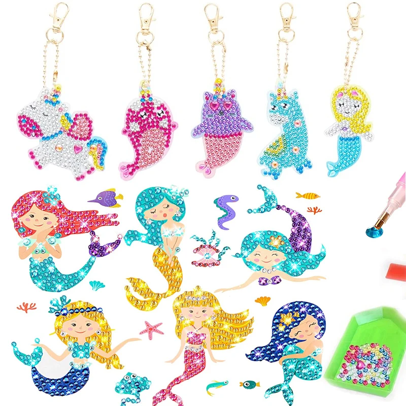 Mermaid Diamond Painting Stickers Kits DIY Double Side Big Gem 5D Keychain Arts Crafts Girls Dot Painting Kits for Beginners