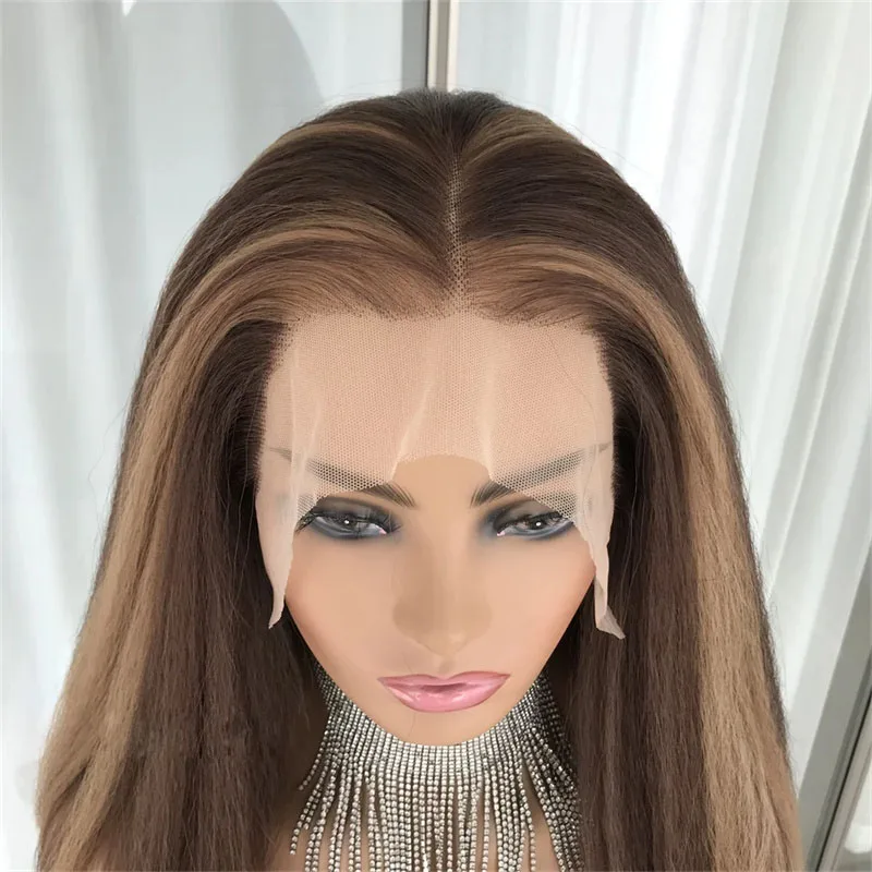 Kinky Straight Lace Front Wig para mulheres, destaque loiro, cabelo do bebê, resistente ao calor, sem cola, pré-arrancado, marrom, 180 Densidade, 26 Polegada