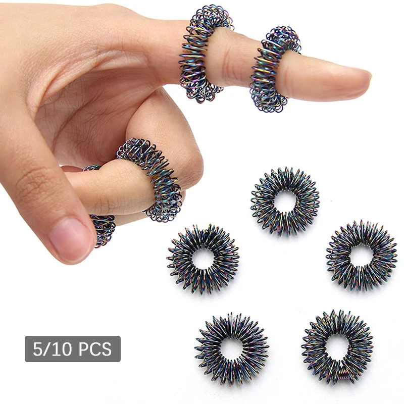 Acupuntura Finger Massage Ring, Preto, Ouro, Terapia, Relaxe a Mão, 5Pcs Set