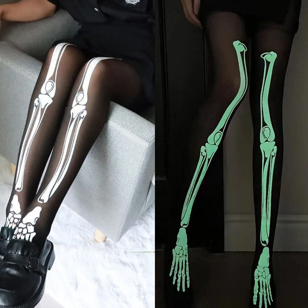 Luminous Skull Stockings Gloves Cosplay Props Halloween Bar Glow-in-the Dark Glow-in-the Dark Disco Socks Black Pantyhose Gloves