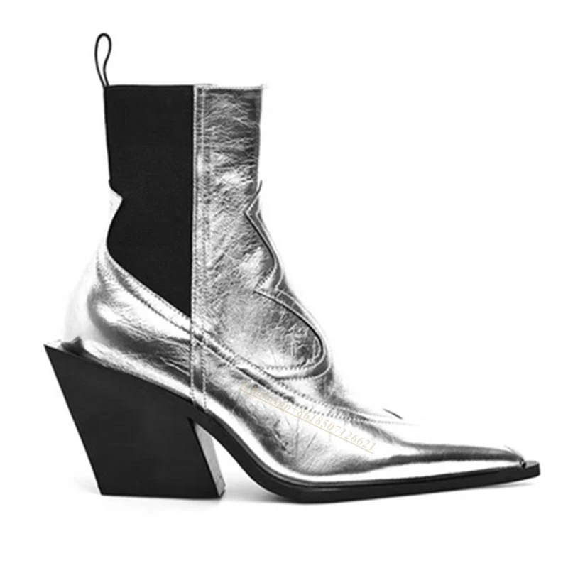 

Pointed Toe Black Wedge Chelsea Boots Chunky Patent Leather Elastic Boots Versatile Silver Sleeve Booties