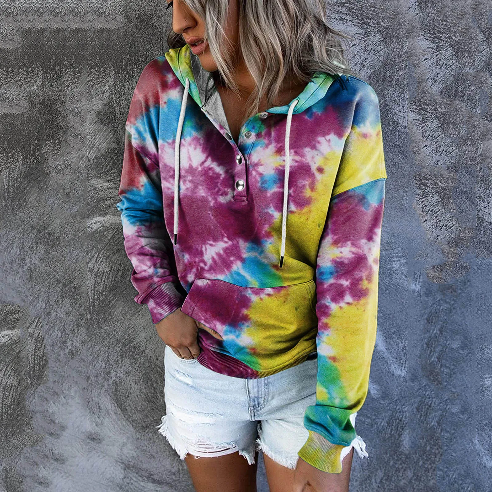 Women Hooded Sweatshirts Oversized Hoodie Button Drawstring Pocket Casual Long Sleeve Tie-Dye Gradient Rock Punk Hoodies