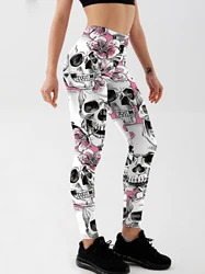 Mallas con estampado de calavera y rosa para mujer, Leggings de entrenamiento con realce, a la moda