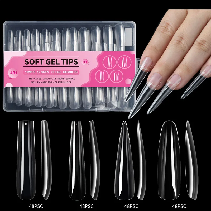 

Extra Long Square Full Cover Nail Tips 192PCS 4-in-1 Clear Full Cover Fake Nails Square Press on Fake Nail Tips