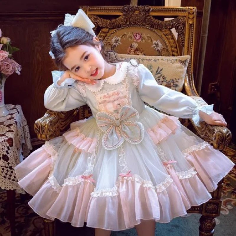 

Girls2027Spring Princess Dress for Little Girls, Sweet Bear Embroidered Dress, Baby Birthday Gown